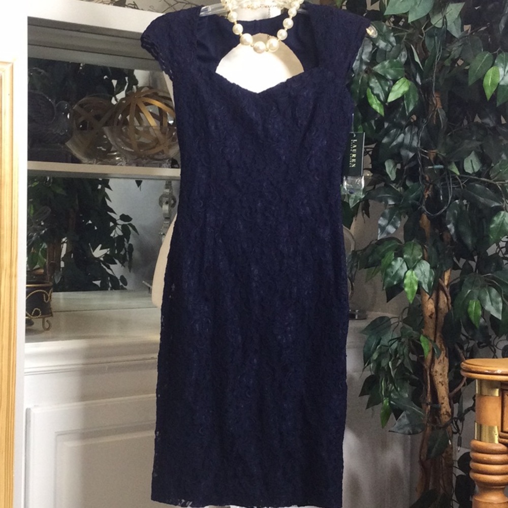 🆕NWT Lauren Ralph Lauren Evening Navy Blue Lace MIDI Dress, 2